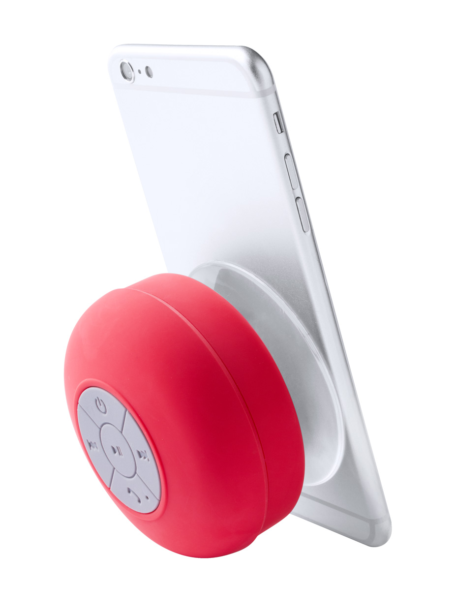 Rariax, bluetooth zvučnik s gumenim kućištem, otpornim na prskanje vodom i USB kabelom, bijele boje s logom tvrtke 