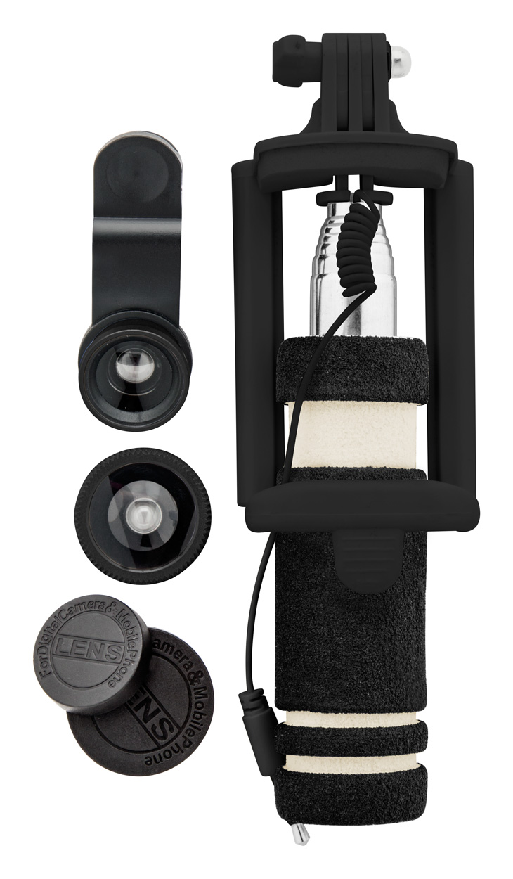 Promo  Altum, selfie štap od nehrđajućeg čelika i 2 objektiva, crne boje